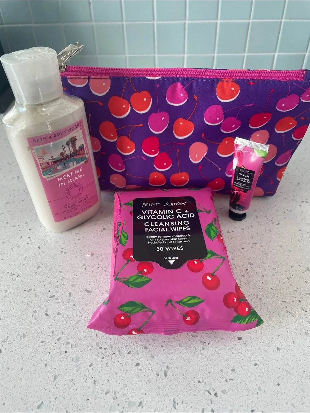 Bundle -Clinique Makeup bag, BBW lotion, Betsey Johnson face wipes, and lip balm